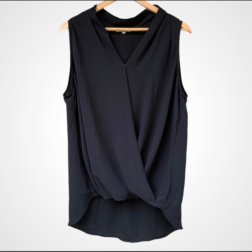 PLEIONE Black Sleeveless Blouse Faux Wrap Surplice